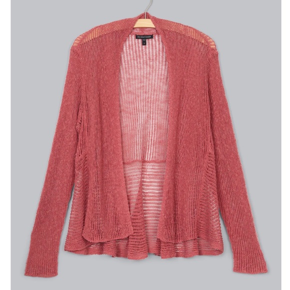 Eileen Fisher Airy Linen Grain Rib Open-Front Waterfall  Coral Cardigan XL - Picture 9 of 9
